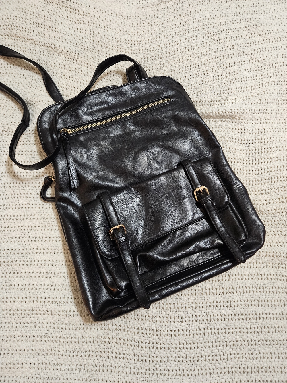 Men's Black Faux Leather Backpack with Front Buckle Pocket